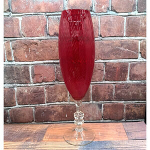 Empoli Style Red Optic Swirl Vintage Pedestal‎ Vase Clear Footed 16” Tall MCM